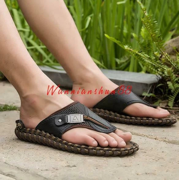 Mens summer gladiator flip flops leather sandal slipper beach casual shoes