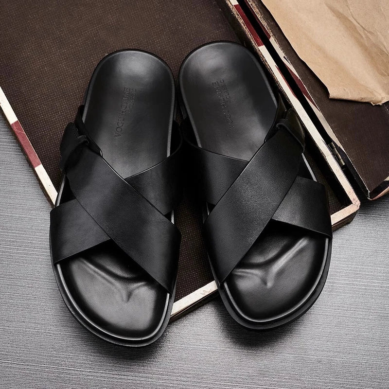 Men Cowhide Casual Slipper Summer Outdoor Breathable Genuine Leather Beach Shoes