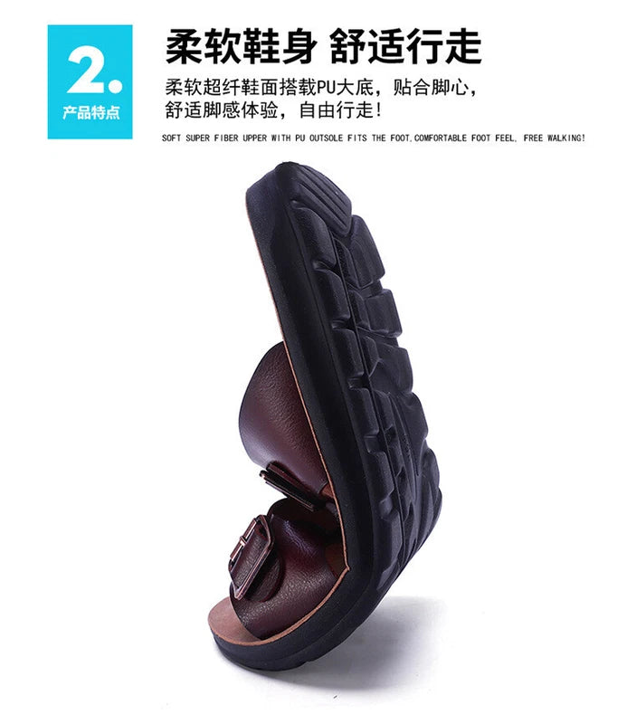 Mens Beach Summer Flats Heel Sandals Buckles Open Toe Slipper Leather Shoes 2025