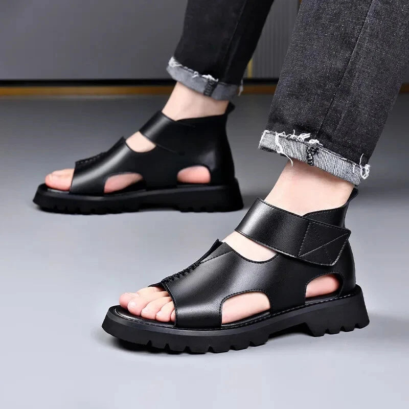 Men Leather Sandals Summer Breathable Roman Beach Shoes Light Soft Sole Slippers