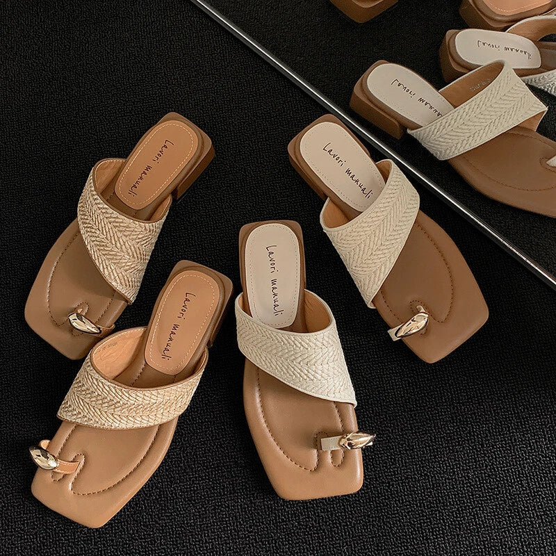 Womens Metal Buckle Slippers Summer Coarse Middle Heel Square Toe Beach Sandals