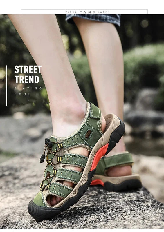 Men's Soft Leather Sandals Summer Lack Up Shoes Outdoor Comfort Beach Slippers
