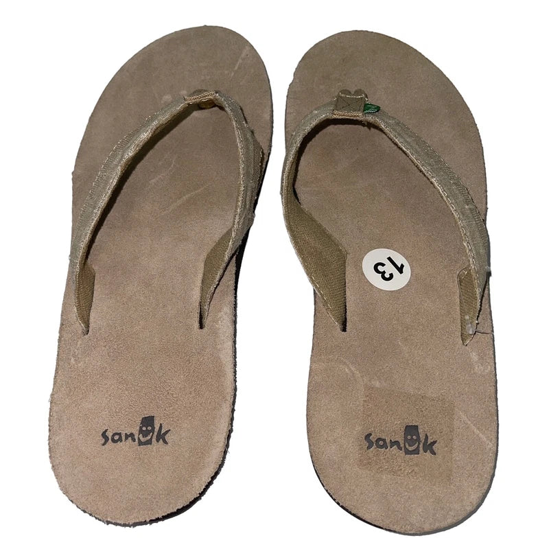 Sanuk Flip Flops Mens Brown Suede Leather Canvas Comfort Slipper Sandals Dr Fray