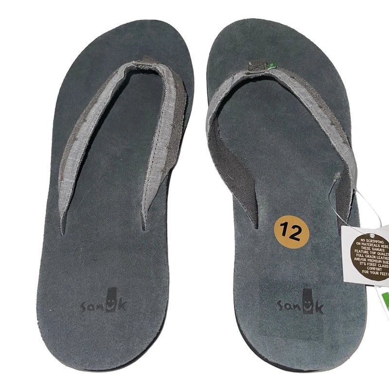 Sanuk Flip Flops Mens Gray Suede Leather Comfort Canvas Sandals Slippers Dr Fray
