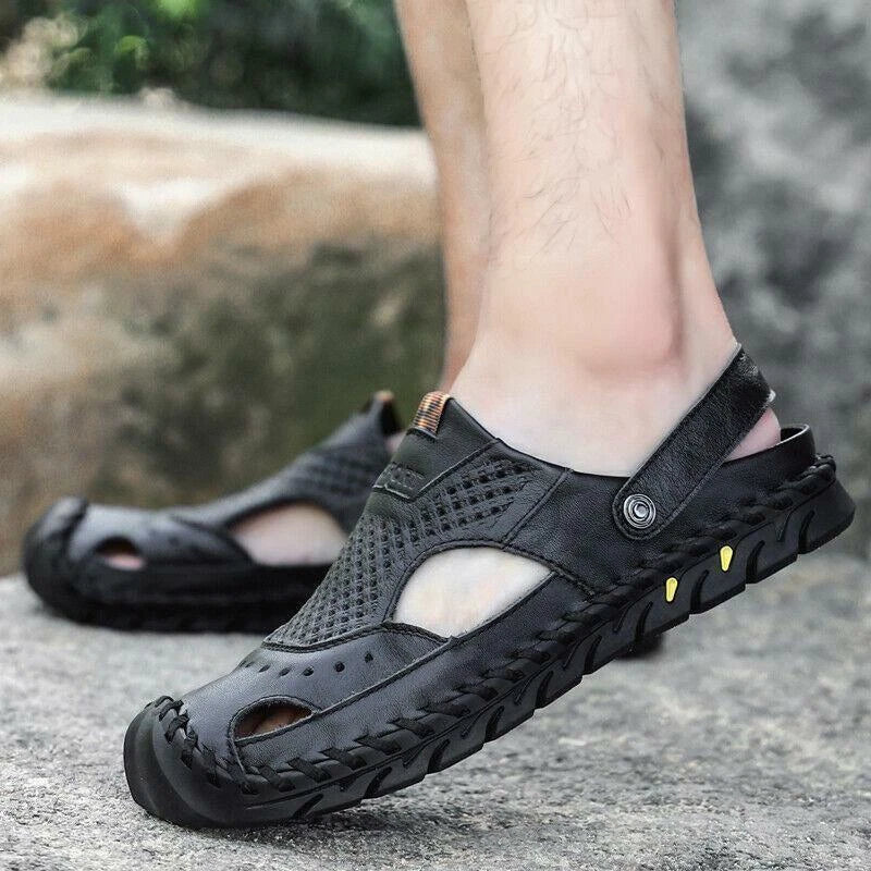 Summer Mens Casual Beach Sandals Casual Cut Out Slippers Leather Mules Outdoor