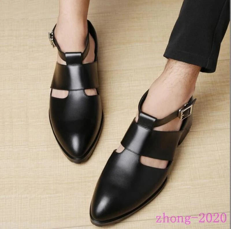 2025 Men's Pointed Toe Leather Sandals Summer Hollow Out Work Casual Dress Shoes