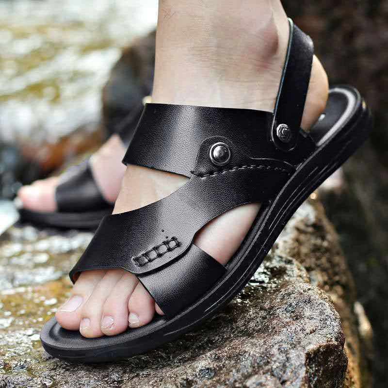Men Shoes Leather Non-slip Beach Slip-On Sandals Travel Flip Flop Slippers Brown