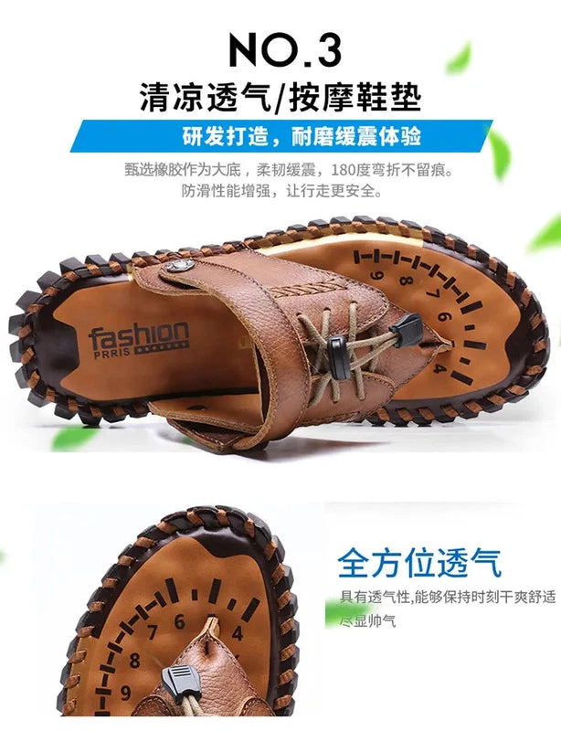 38-48 Plus Size Mens Real Leather Flip Flops Sandals Slipper Beach Holiday Shoes