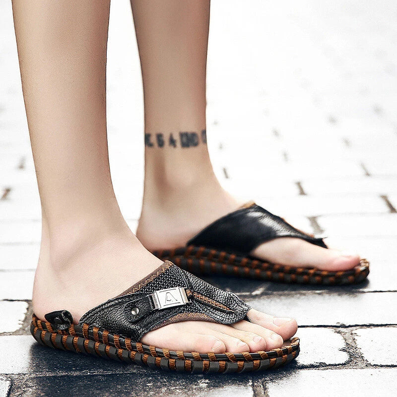 Plus Size Casual Shoes Men's Sandals Slippers Leather Thong Flats Outdoor Beach