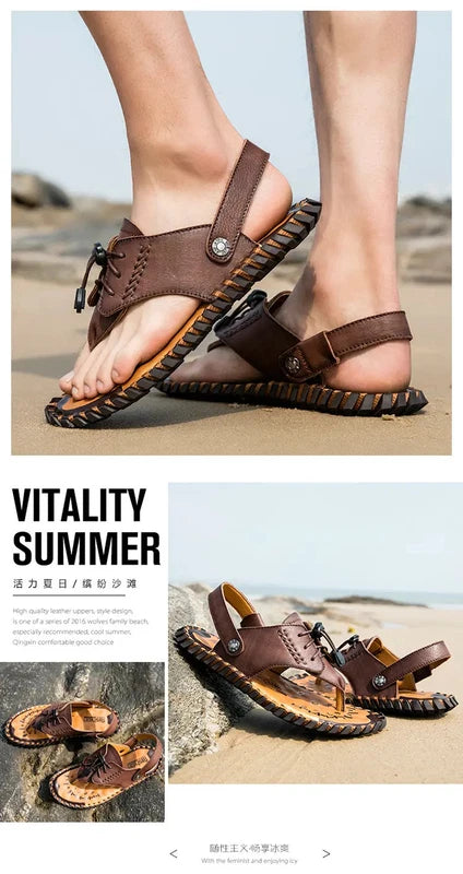 38-48 Plus Size Mens Real Leather Flip Flops Sandals Slipper Beach Holiday Shoes