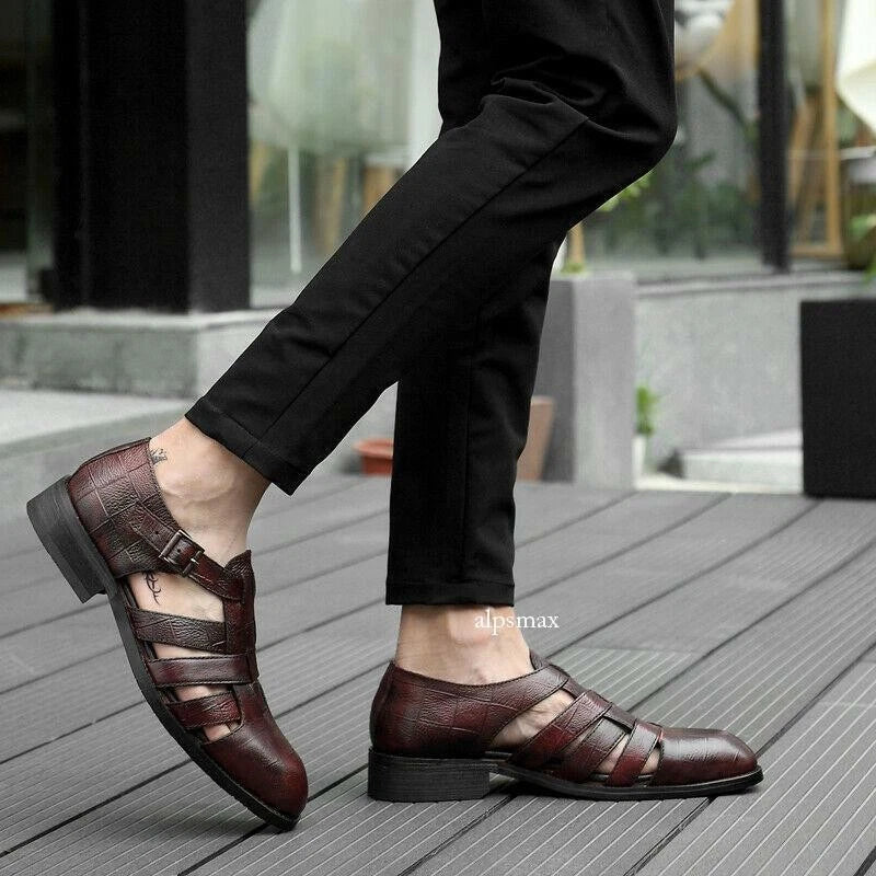 Mens Dress Formal Sandals Shoes Hollow Cut Out Buckle Leather Flats Roman Shoes