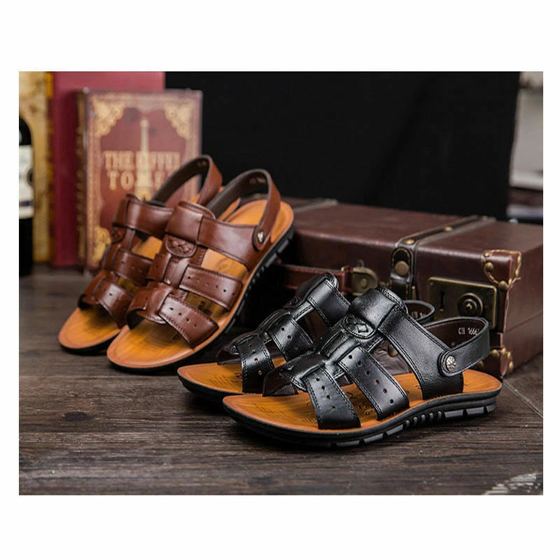 New Men Sandals Leather Shoes Open Toe Flats Slip On Beach Fisherman Shoes