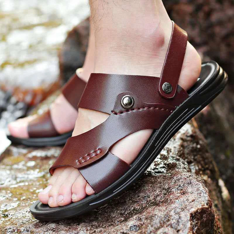 Men Shoes Leather Non-slip Beach Slip-On Sandals Travel Flip Flop Slippers Brown