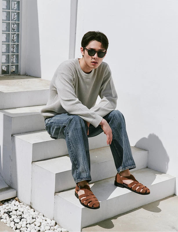 Firenze Atelier Men's Brown Suede Summer Closed Toe Fisherman Sandals Slippers