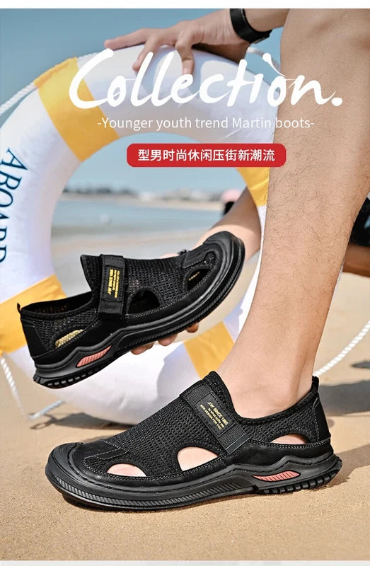 Men Sandals Summer Breathable Mesh Slip On Flats Outdoor Beach Casual Shoes