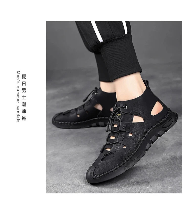 Men High Top Roman Sandals Leather Light Casual Slippers Breathable Beach Shoes