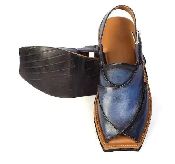 Custom Made Men's Sky Blue Color Leather Peshawari Chappal Pure Leather Sandals