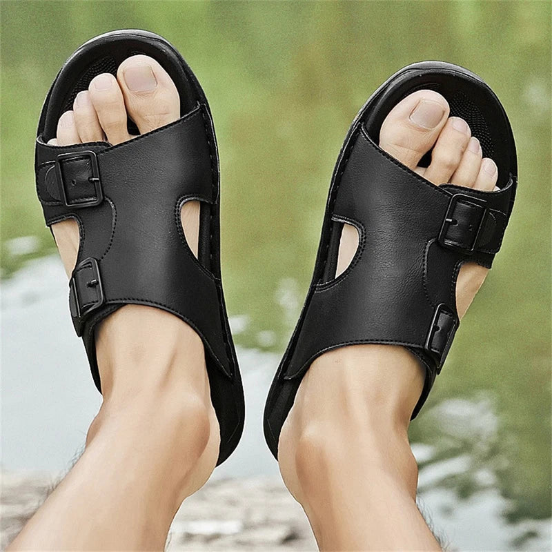 Men's Leather Slip On Beach Sandals Fashion Summer Outdoor Casual Slippers