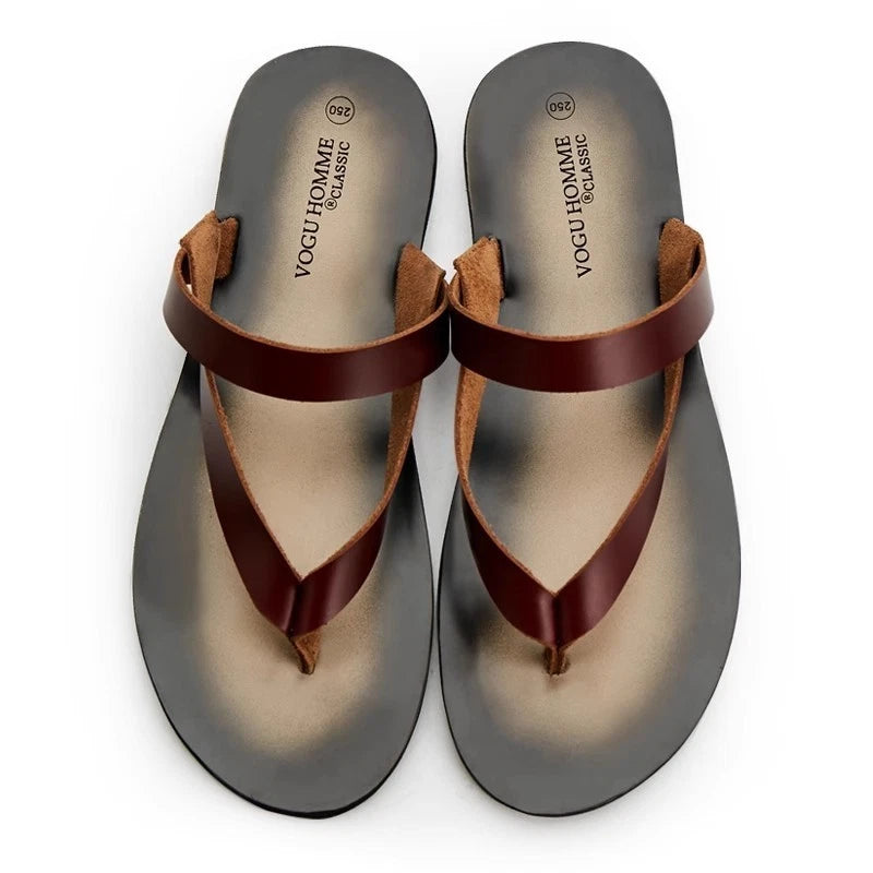 Men's Cowhide Slippers Casual Leather Flip Flops Breathable Slip on Beach Shoes