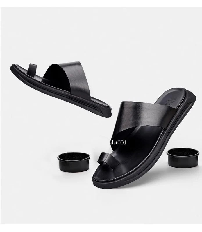 Mens Summer Leather Flip Flops Clipped Toe Korean Non Slip Beach Casual Slippers