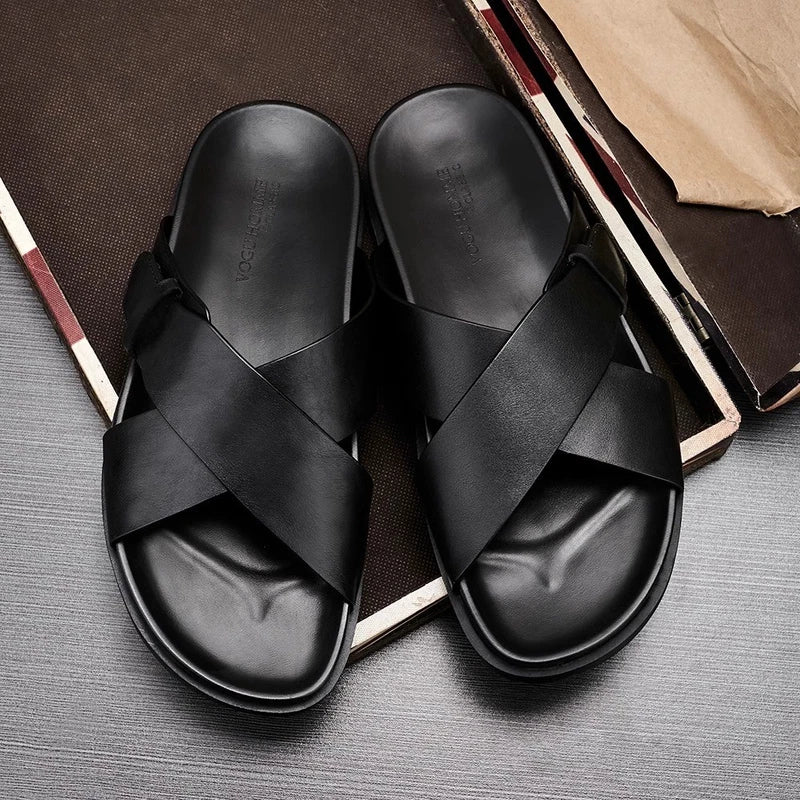 Roman Style Mens Open Toe Sandals Slippers Real Leather Flat Shoes Beach Outdoor