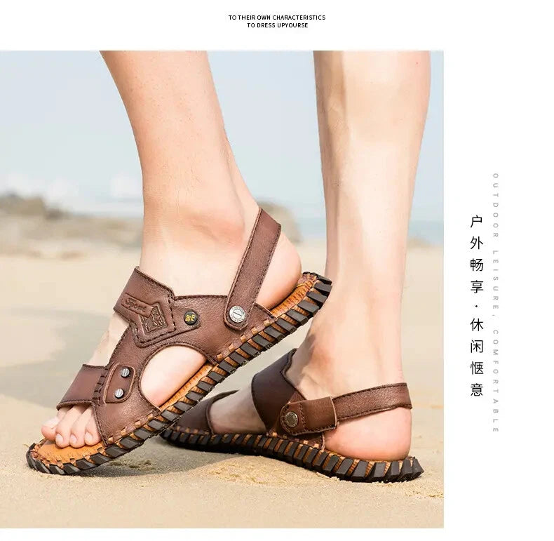 Open Toe Hollow Out Leather Mens Slippers Sandals Beach Holiday Summer Slingback