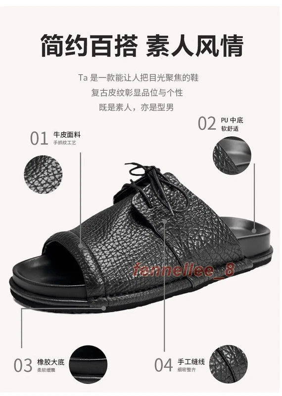 Mens Real Leather Cowhide Open Toe Casual Outdoor Beach Holiday Sandals Slippers