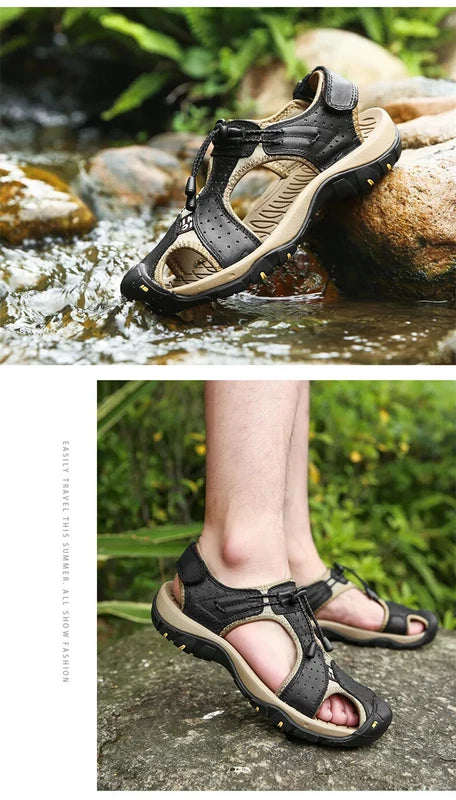 Summer Men's Leather Sandals Outdoor Beach Shoes Comfort Casual Lackk Up Slipper