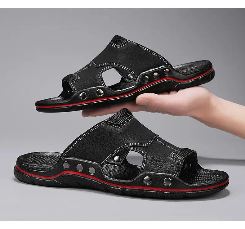 Mens Slippers Sandals Open Toe Fashion PU Leather Beach Holiday Summer Flats New