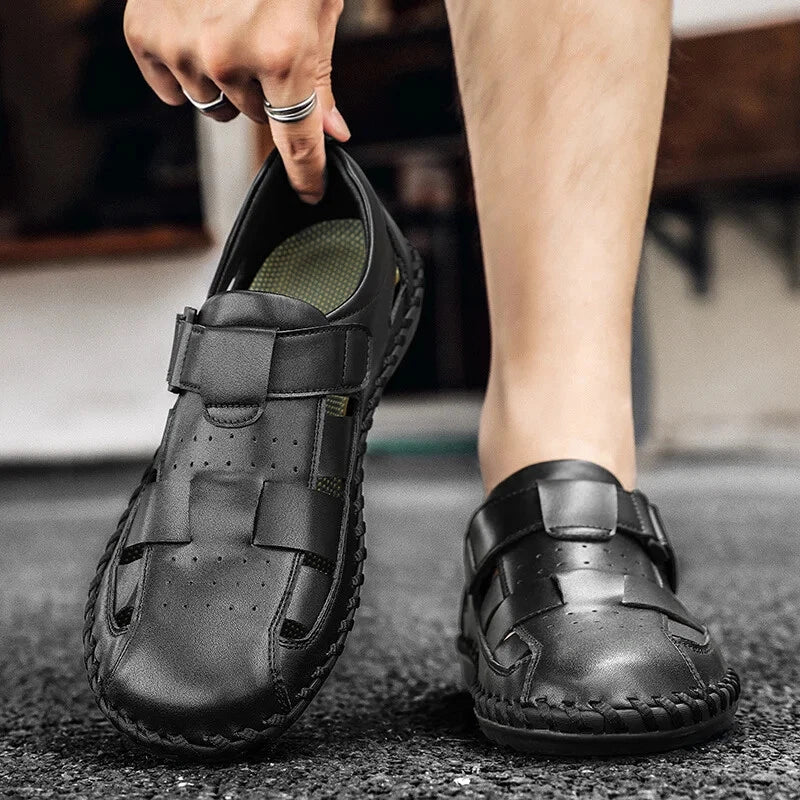 Men Leather Loafers Breathable Soft Sandals Handmade Non Slip Beach Slippers