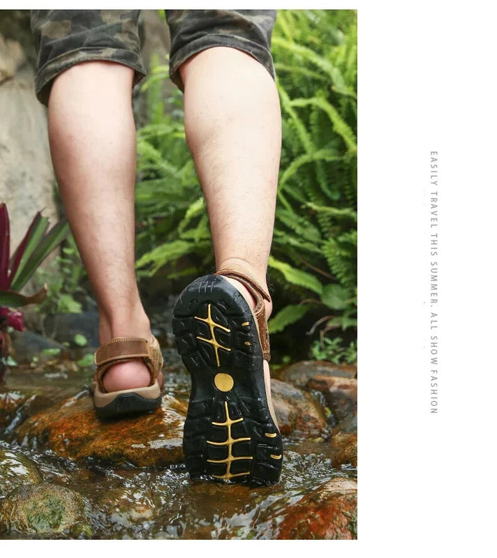 Summer Men's Leather Sandals Outdoor Beach Shoes Comfort Casual Lackk Up Slipper