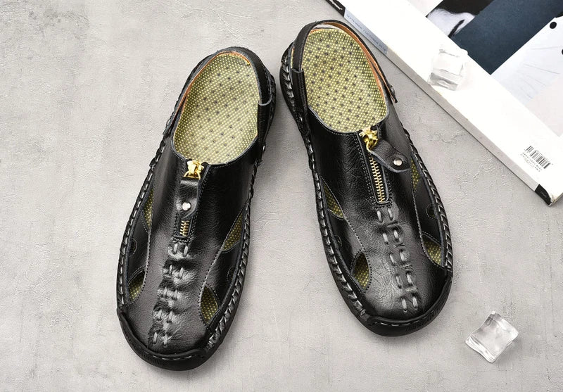 Men's Anti-Slip Leather Sandals, Closed Toe Outdoor Summer Beach Shoes