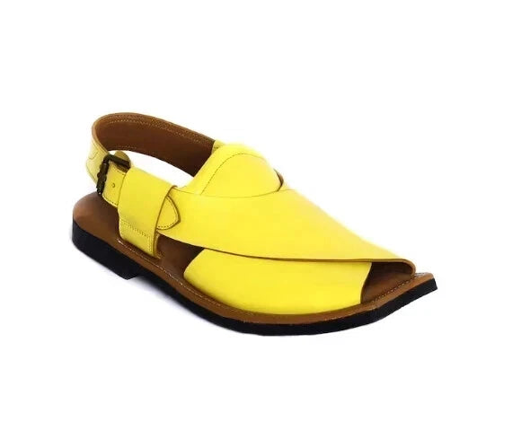 Handstitched Men's Cowhide Leather Yellow Peshawari Chappal Leather Sandals Men