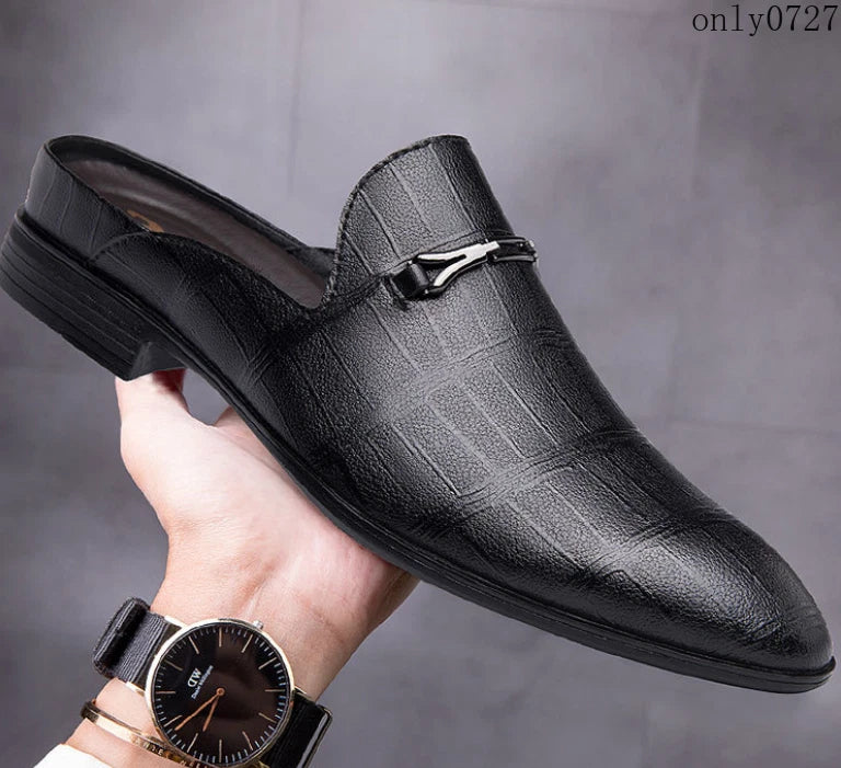 Mens Leather Breathable Sandals Pointy Toe Slip On Metal Slipper Shoes Mules Hot