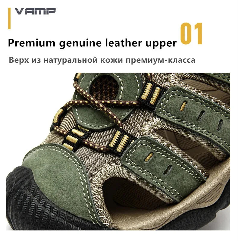 Men's Soft Leather Sandals Summer Lack Up Shoes Outdoor Comfort Beach Slippers
