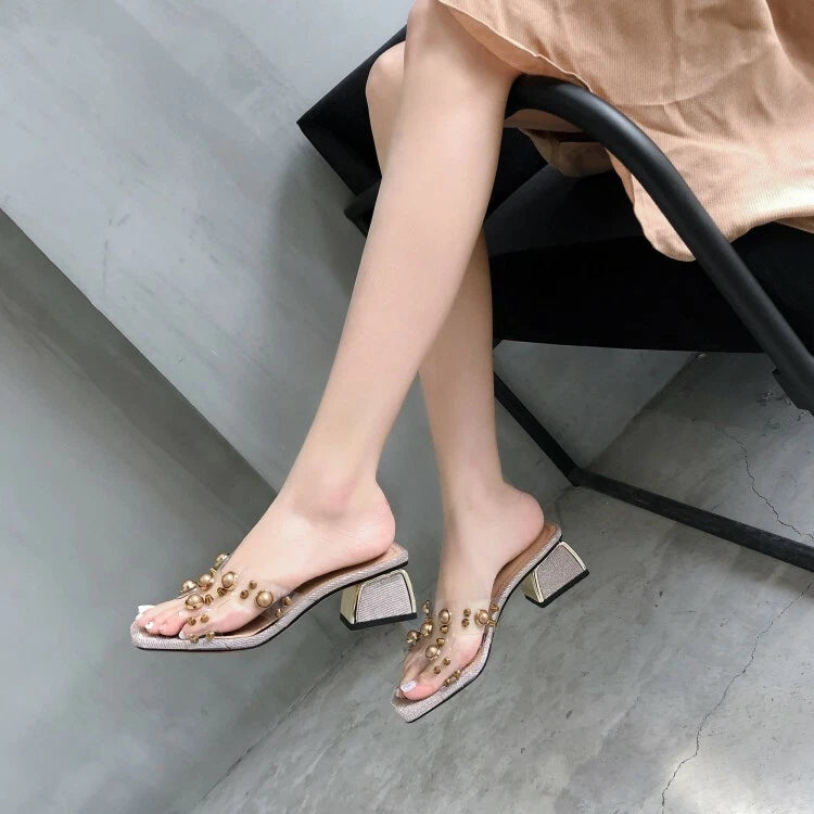 Womens Fashion Transparent Pearls Block Heel Beach Slippers Sandals Shoes AKCS0
