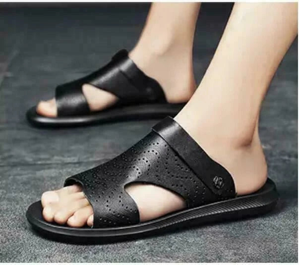 Men Summer Sandals Slippers Open Toe Slingbacks Cut Out Beach Leather Breathable