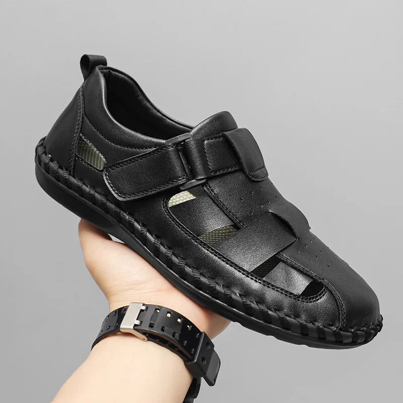 Men Leather Loafers Breathable Soft Sandals Handmade Non Slip Beach Slippers