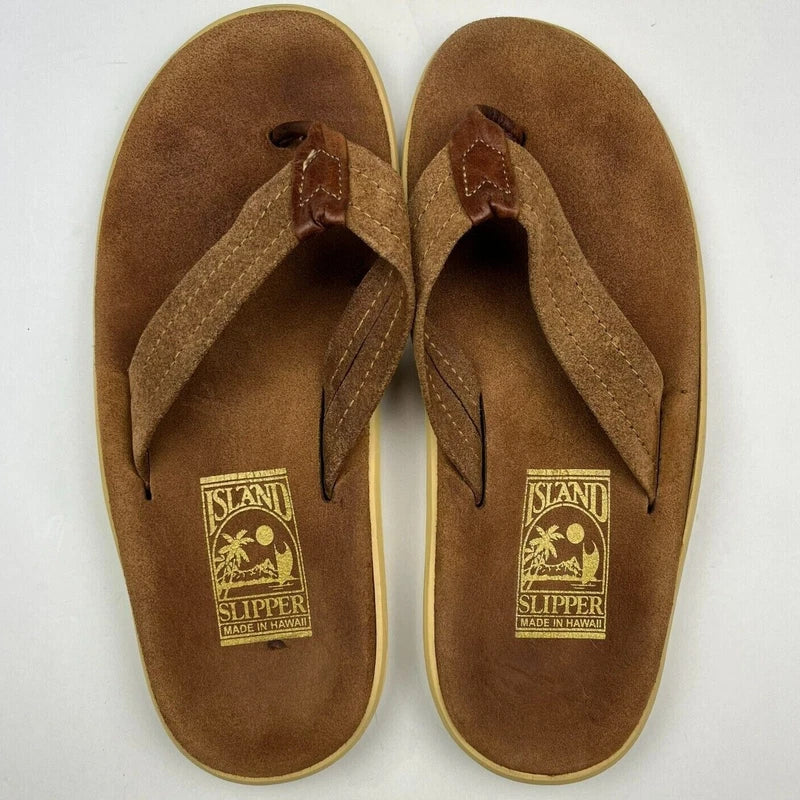 Island Slipper Brown Suede Mens Size 7 MADE IN HAWAII Flip Flops Sandals