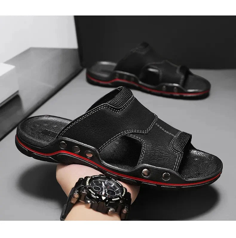 Mens Slippers Sandals Open Toe Fashion PU Leather Beach Holiday Summer Flats New
