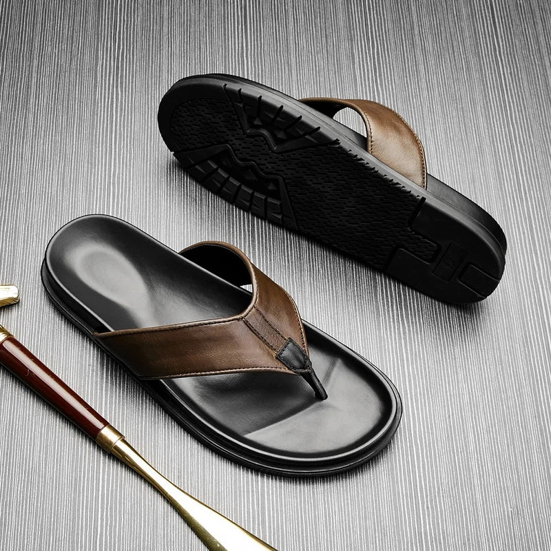 Personality Mens Flip Flops Real Leather Sandal Slipper Flat Beach Holiday Shoes