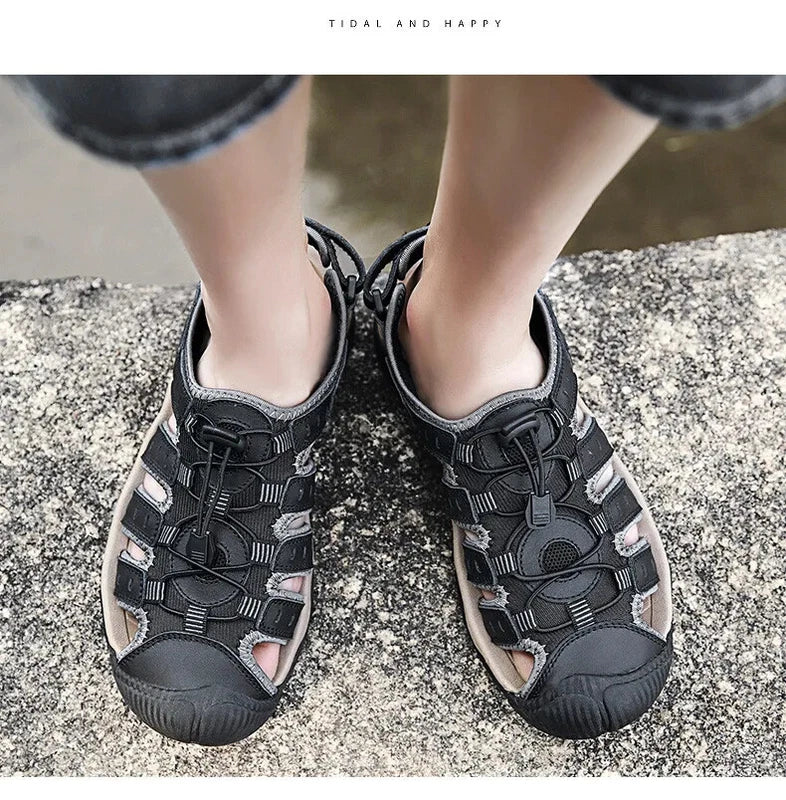 Men's Soft Leather Sandals Summer Lack Up Shoes Outdoor Comfort Beach Slippers