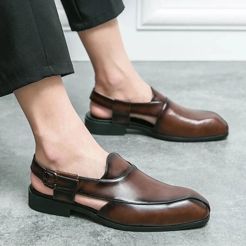 Leather Men Casual Sandals Slip on Handmade Slippers Non Slip Beach Sneakers