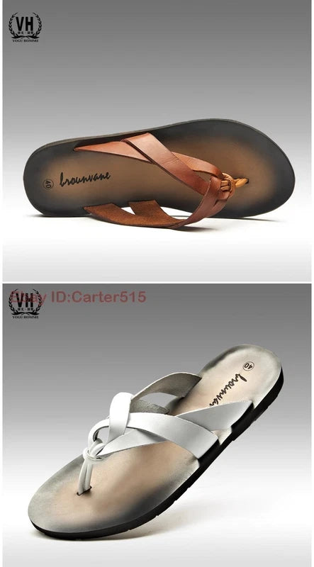Summer Sandals New Men's Flip Flops Beach Shoes Leather Flats Casual Slippers