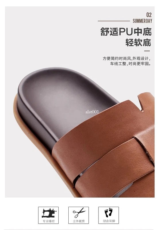 Summer New Men's Slippers Casual Breathable Beach Sandals Flat Leather Slippers