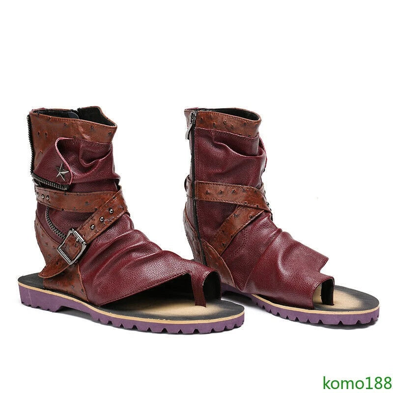 Men's Roman Sandals High Top leather  Flip Flop Gladiator Buckle Shoes Slingback