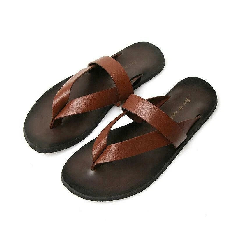Mens Beach Outdoor Leather Sandals flip flops  Strap Shoes Anti-slip Slippers