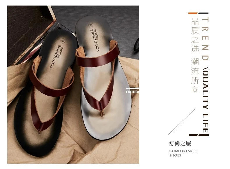 Men's Cowhide Slippers Casual Leather Flip Flops Breathable Slip on Beach Shoes