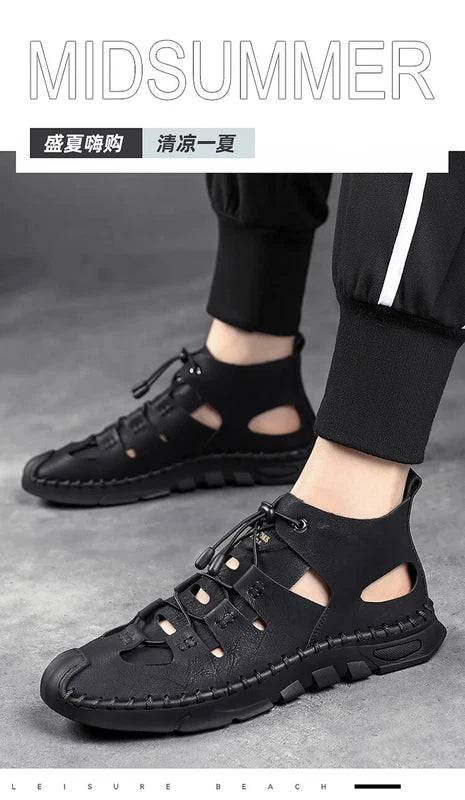 Men High Top Roman Sandals Leather Light Casual Slippers Breathable Beach Shoes