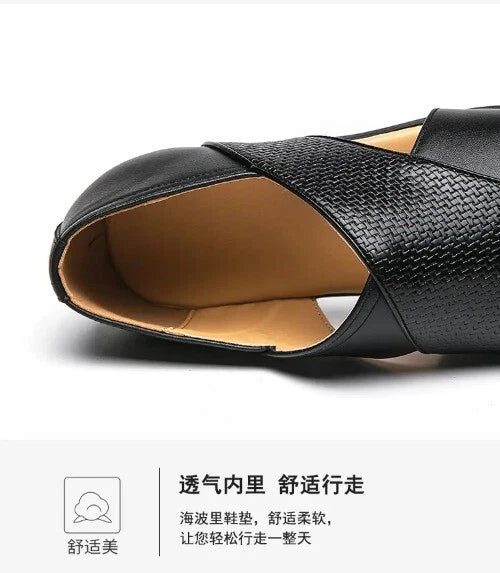 Mens Hollow Out Sandals Summer Breathable British Woven Leather Sandals Sz